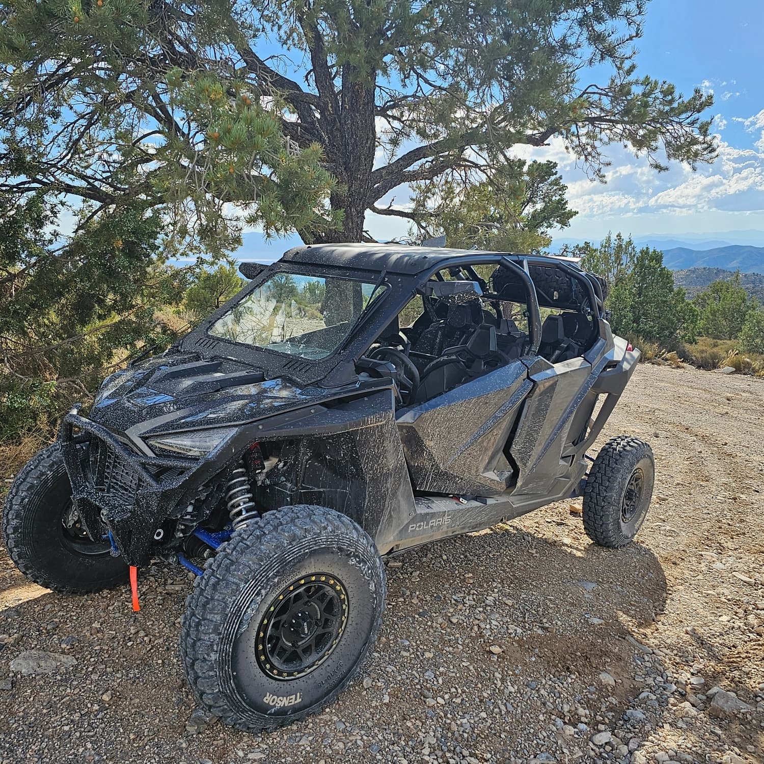 Mud-speckled black four-seat Polaris RZR parked on a gravel mountain overlook under a pine tree